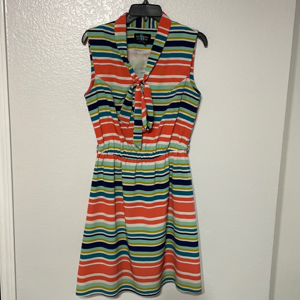 Steve Harvey Celebrity Multicolor Colorful Stripe Sleeveless Tie Collar Dress